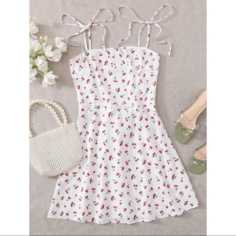 Knot-Strap Shirred-Back Cherry-print Slip Dress
